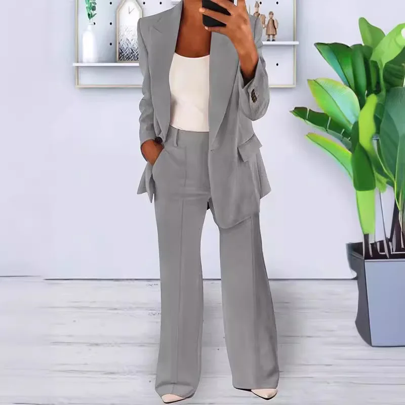 Casual Pocket Single Button Blazer Jackets& High Elastic Waist OL Workwear Wide Leg Pant Suits Women's Sets Two 2 Pieces Sale