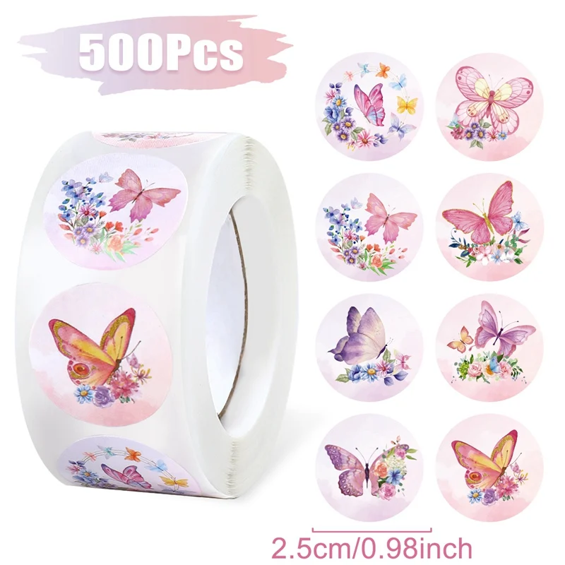 500pcs/roll Butterfly Stickers Labels Stamps Round Butterfly Multicolor Envelopes Cute Closure Wedding Party Decoration Sticker image 6
