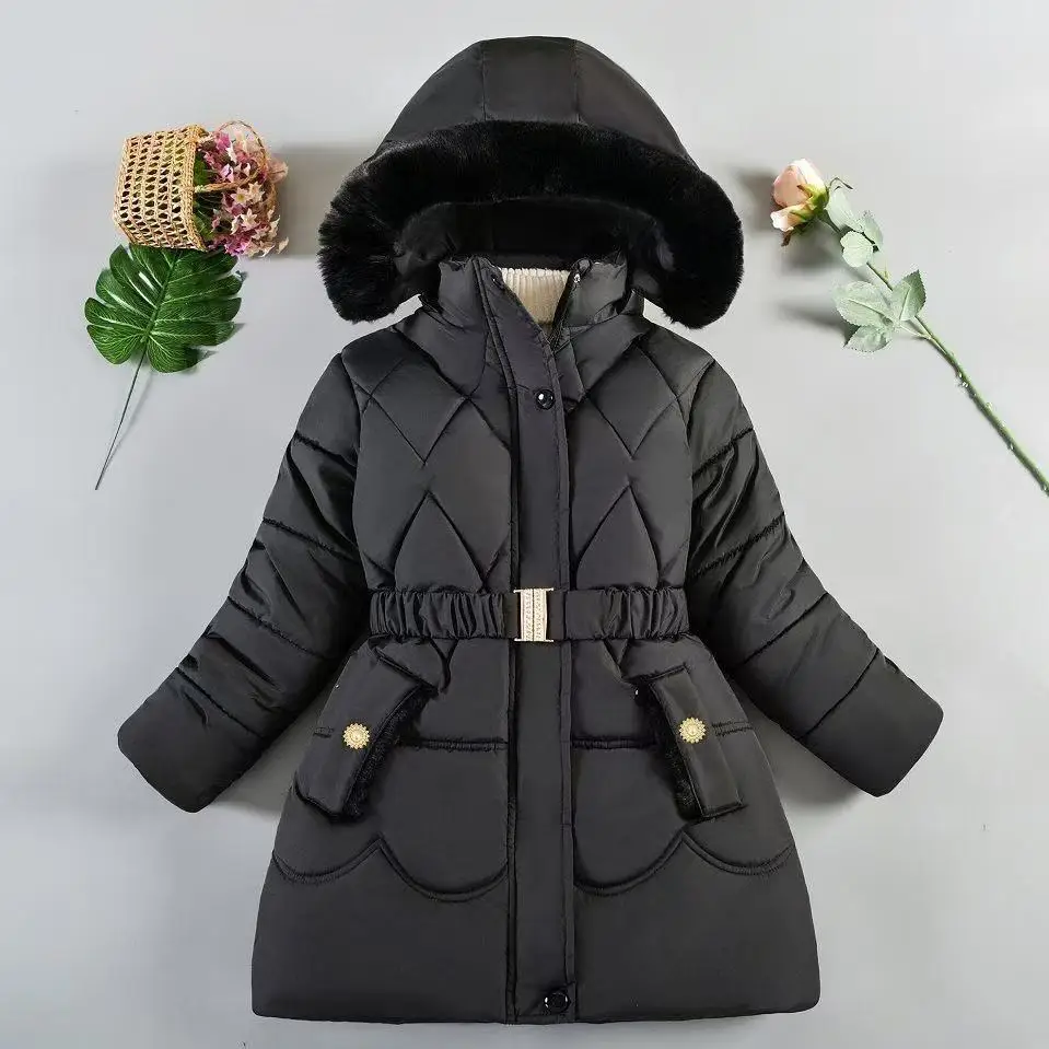 -20°C Winter New Plush Girls Jacket Long Solid Color Plush Padding Hooded Coat For 5-10Y Teen Girls Thick Warm Down Snowsuit