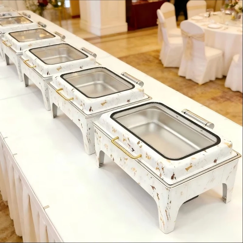 9L Golden Rectangular Chafing Dish Stainless Steel Flip Top Food Warmer with Clear Glass Lid for Restaurant