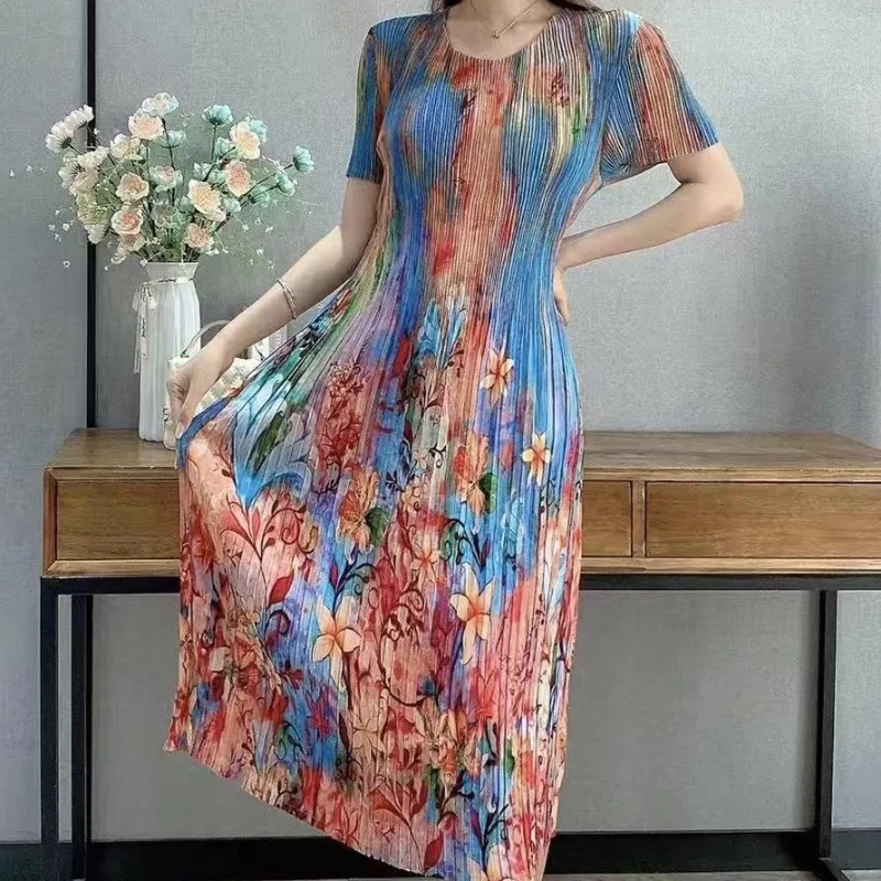 

Pleated dress spring and summer female 2023 printed pleated elastic short-sleeved round-neck skirt casual dress female tops