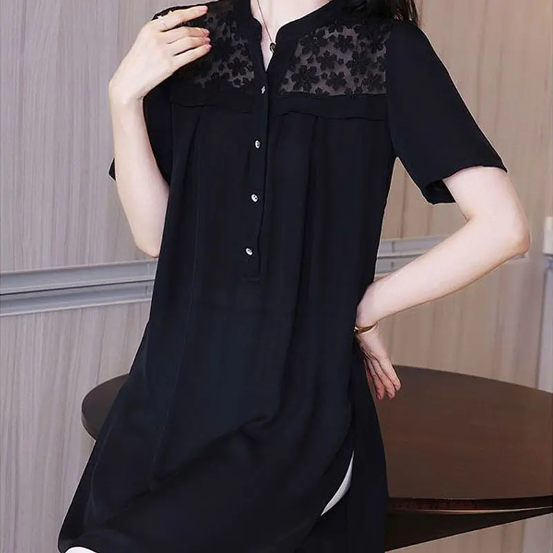 Female Casual Solid Color Blouse 2023 Summer Fashion Lace Spliced Commute Half Open Collar Button Loose Short Sleeve Midi Shirt