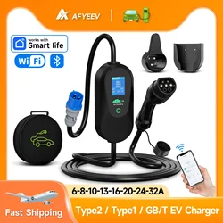 Afyeev 32a 7.2kw type2 type1 ev carregador portátil gb/t carregador de veículo elétrico evse cabo de carregamento wifi bluetooth controle app