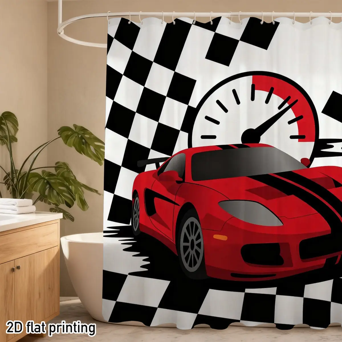 Red Sports Car Shower Curtain 72x72 Polyester Washable with Racing Checkered Flag & Speedometer Design
