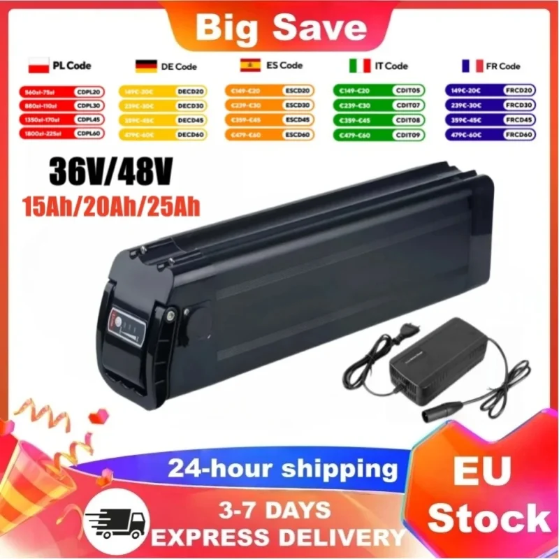 Faltbarer E-Bike-Akku 36V 48V 20Ah 15Ah 25Ah Silverfish Li-Ionen-Akku mit integriertem BMS und 2A-Ladegerät, kompatibel mit Bafang 250W 500W 750W 1000W Motor