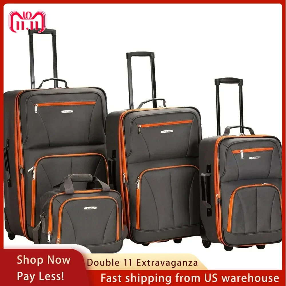 Softside Upright Luggage Set,Internal Retractable Handles Expandable, Charcoal, 4-Piece (14/19/24/28)，Expandable Luggage