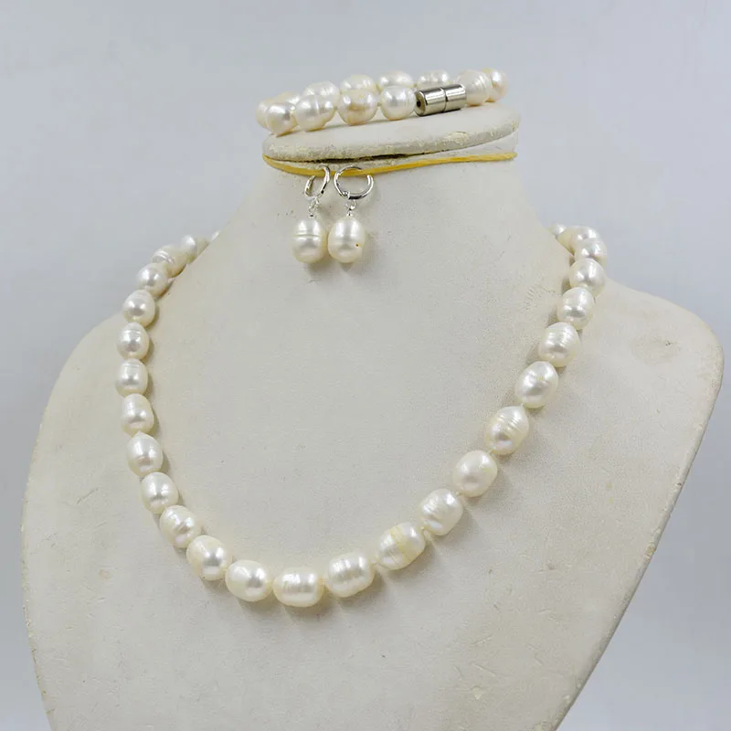 11-12MM Giant Natural White Baroque Large Thread Pearl Necklace/Bracelet/Earring Set Strong suction magnetic buckle