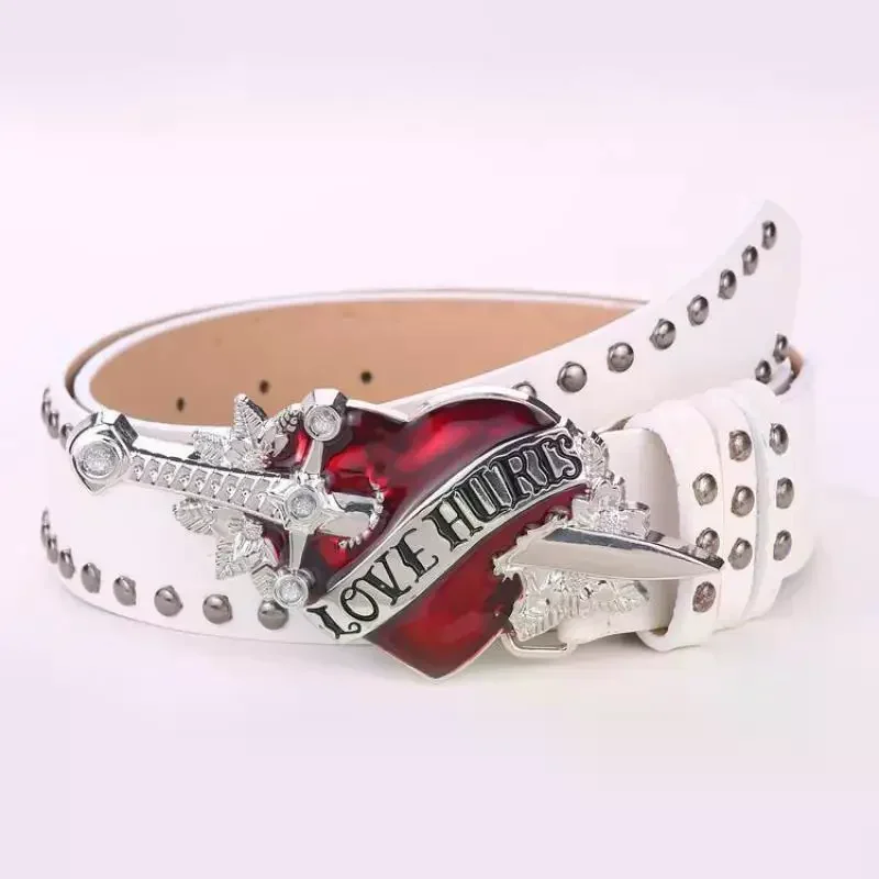

Джинсовый ремень унисекс, меч, красное сердце, гот, Y2k, модные ремни для женщин, аксессуар в стиле панк с заклепками, мужской пояс