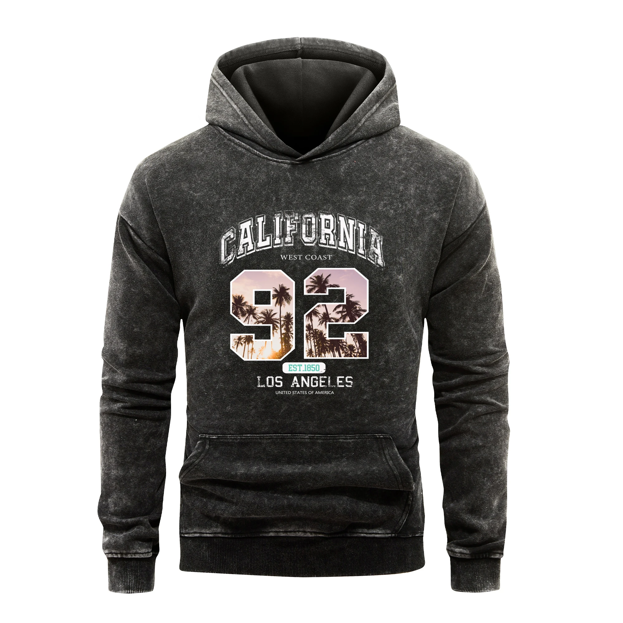 California West Coast Los Angeles Hoody Man Vintage Washed 100%Cotton Casual Loose Pullover Warm Fur-Liner Hoodie Simple Clothes