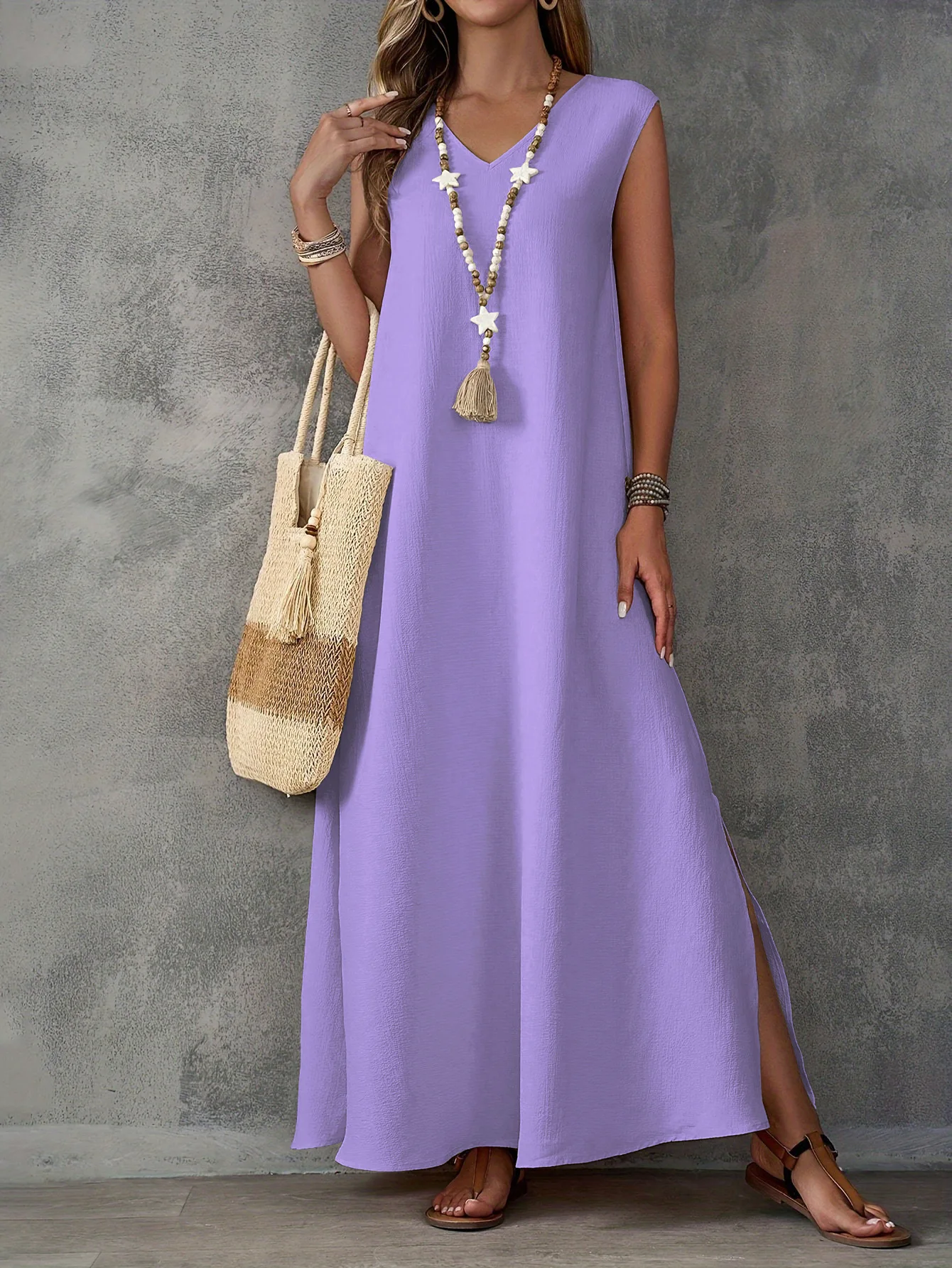 Casual solid color V-neck sleeveless side slit long dress women 2025 summer loose boho dress for women