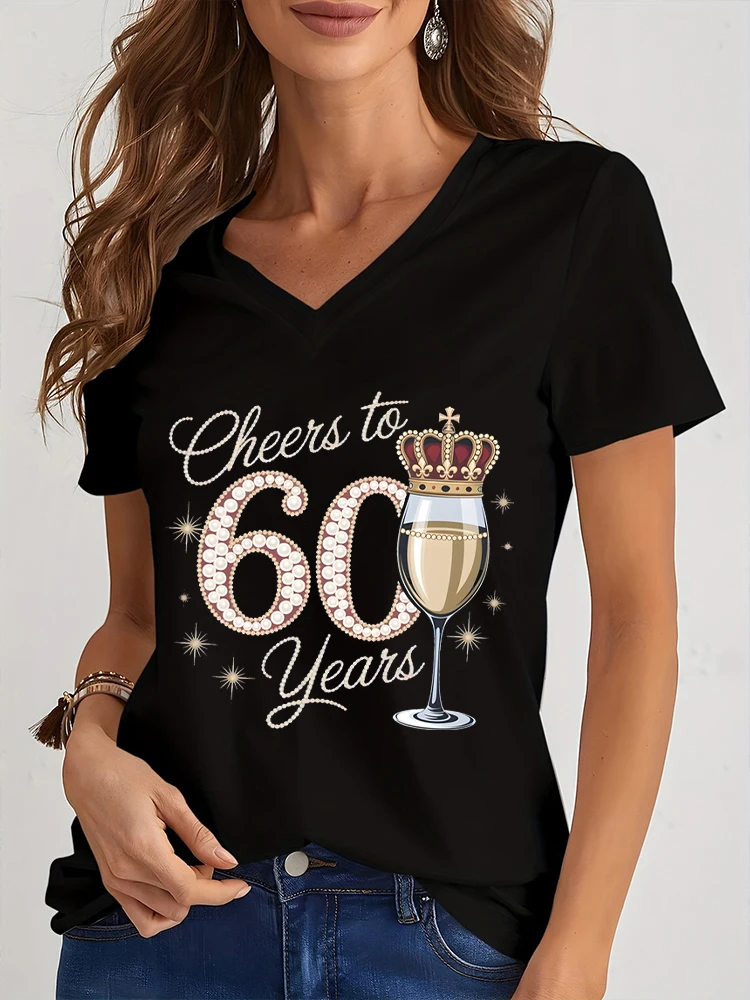 Cheers To 60 Years Print T Shirt Vintage Wine Glass and Crown Pattern Women T-shirts Unisex 60th Birthday Celebration Tshirts