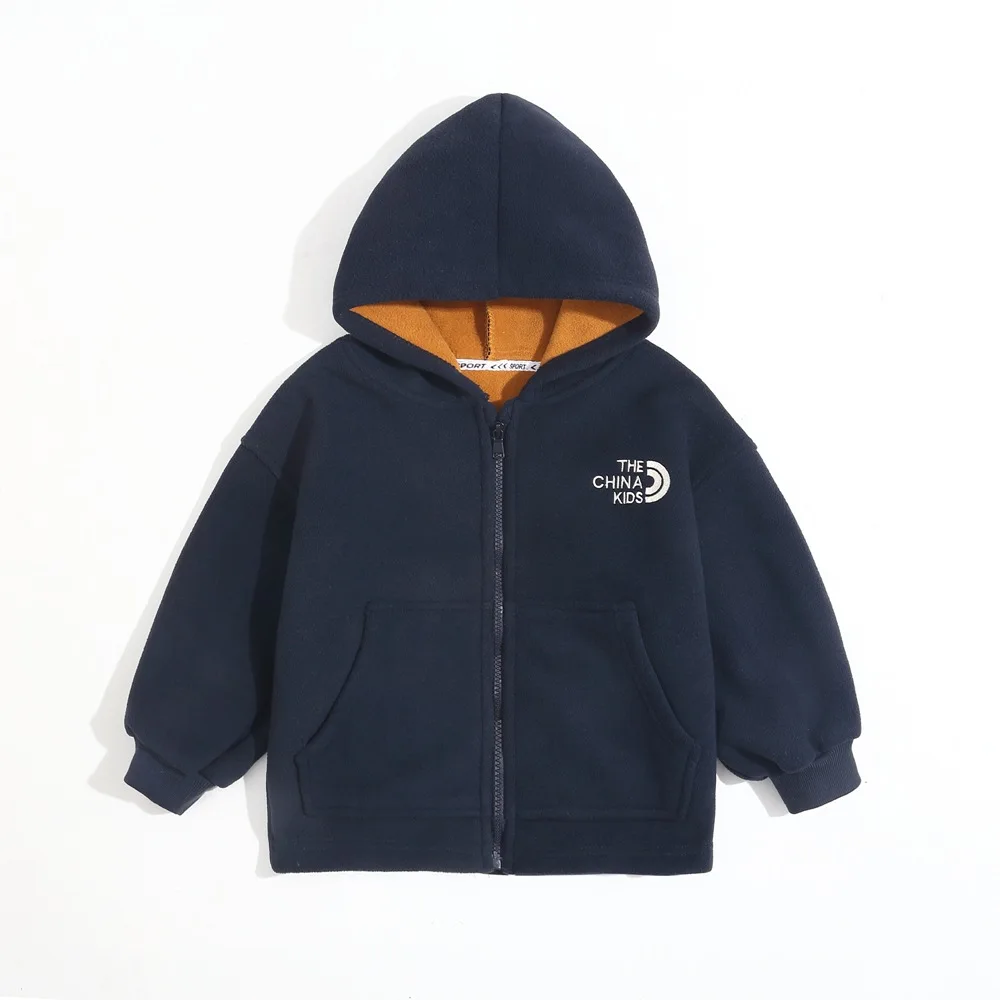 Autumn Winter 2024 Childrens Boys Fleece Jacket Hooded Thickened Solid Plus Velvet Kids Boys Jacket Toddler Boys Outerwears