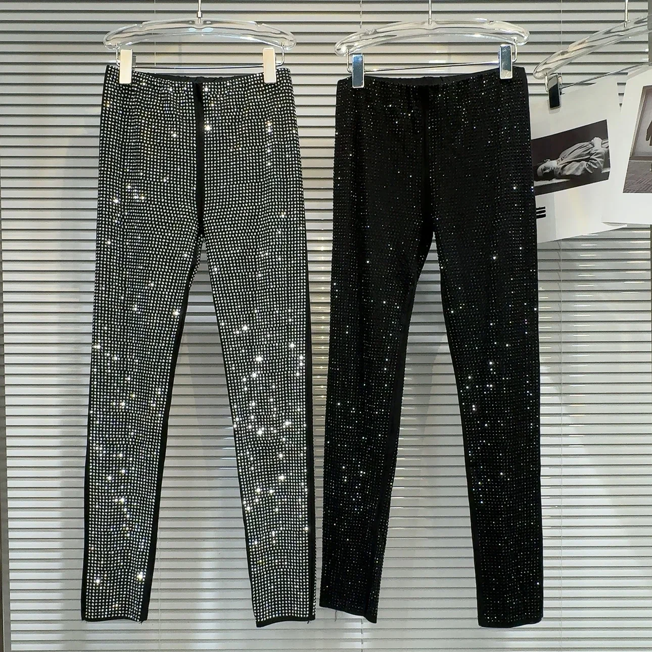 Fashionable Rhinestone Slim Slimming Hot Girl Leggings 2023 Autumn and Winter New Elastic Waist Silvery Pants Womens Clothing