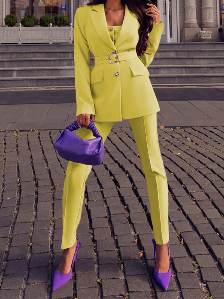 

Femme Slim Jumpsuits Solid Pants Outfits Women V Neck Coats And Long Pants Suit Casual Spring Autumn Office Pants Two Piece Set