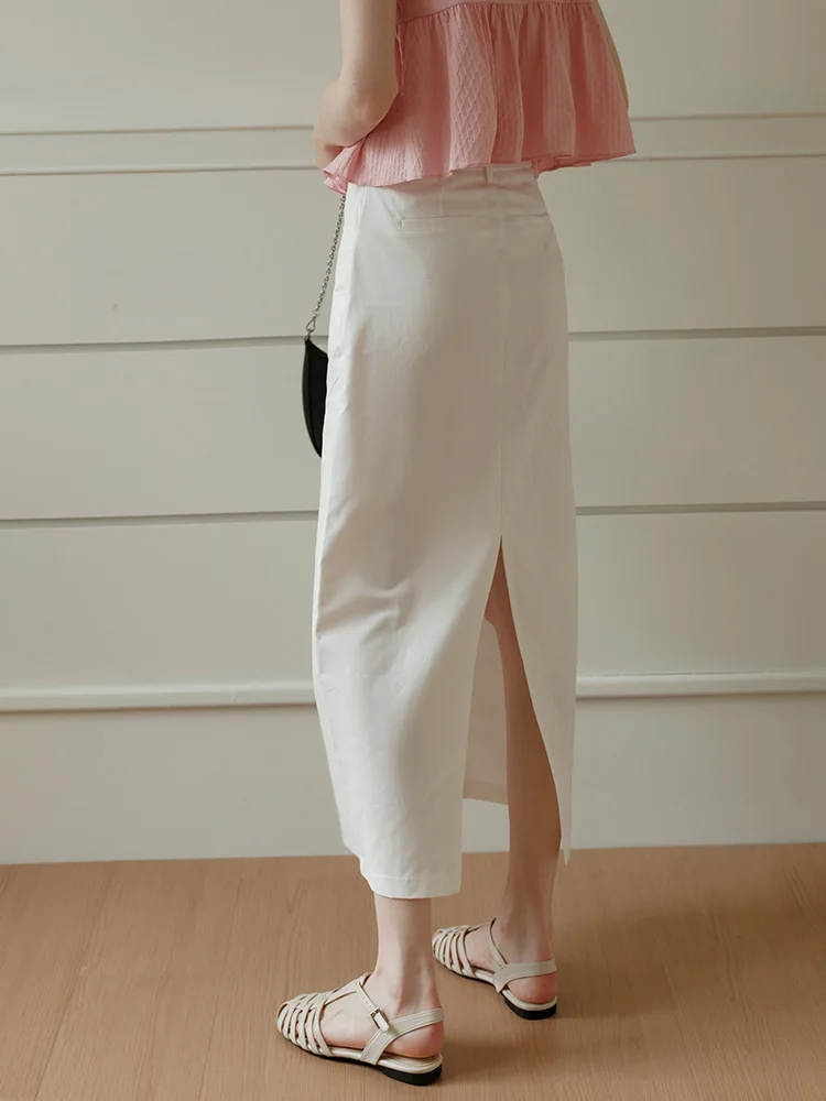 High Waist Straight Cut Midi Skirt White Thin Back Split Women's Summer Fashion Retro Style Button Zipper Pocket Design Skirt