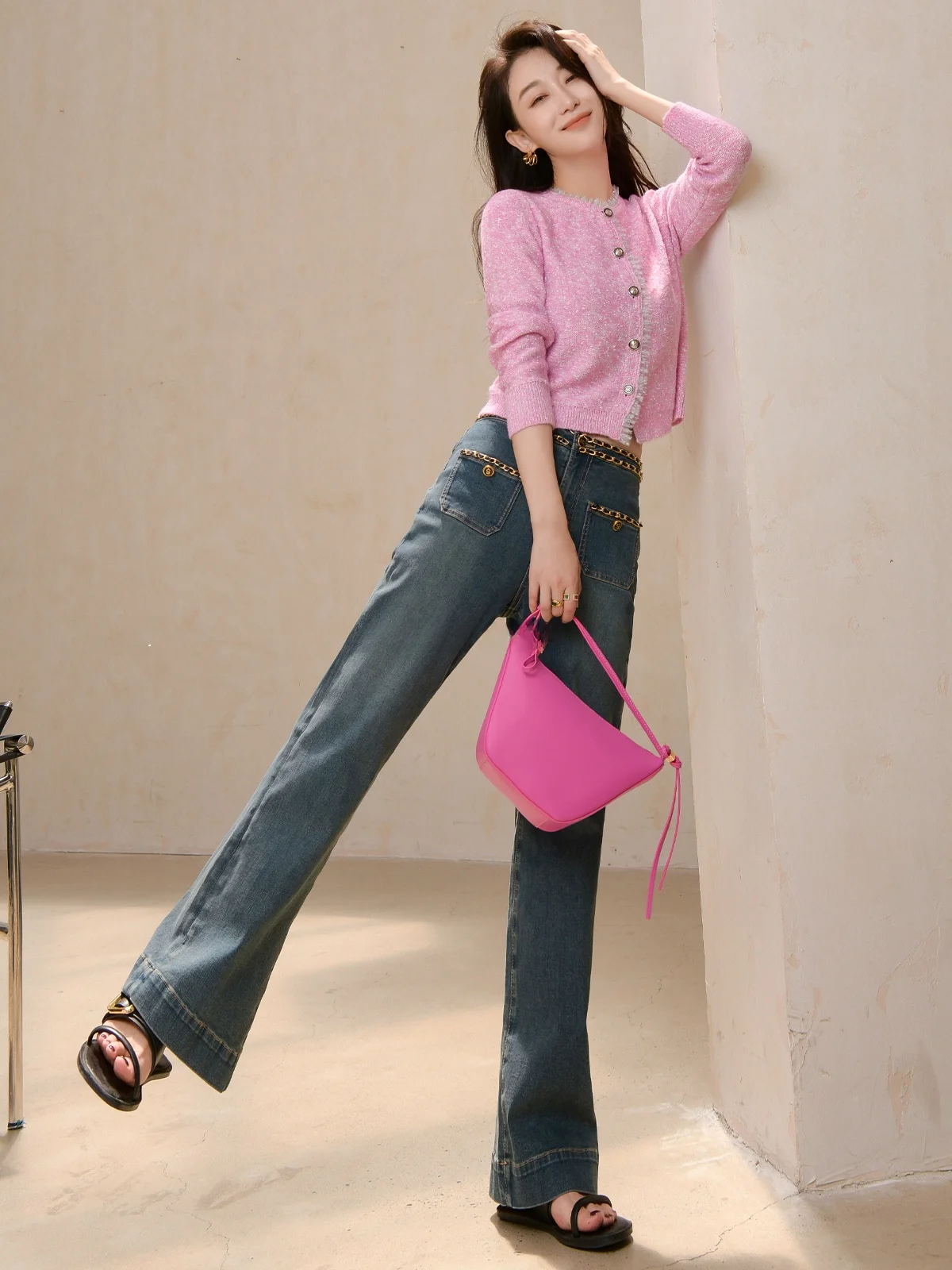 

Garbociaga Dragon Joy Brooke Прямые джинсы в стиле ретро с цепочкой для похудения, девятиминутные брюки Little Fraance Sle