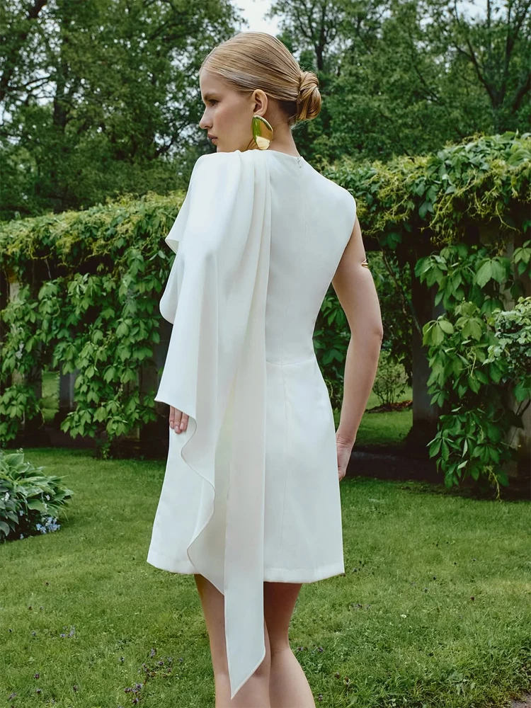 

Элегантное асимметричное платье-шаль для женщин, модное однотонное мини-платье без рукавов с воротником-стойкой, облегающее, 2026, для вечеринок и торжественных мероприятий