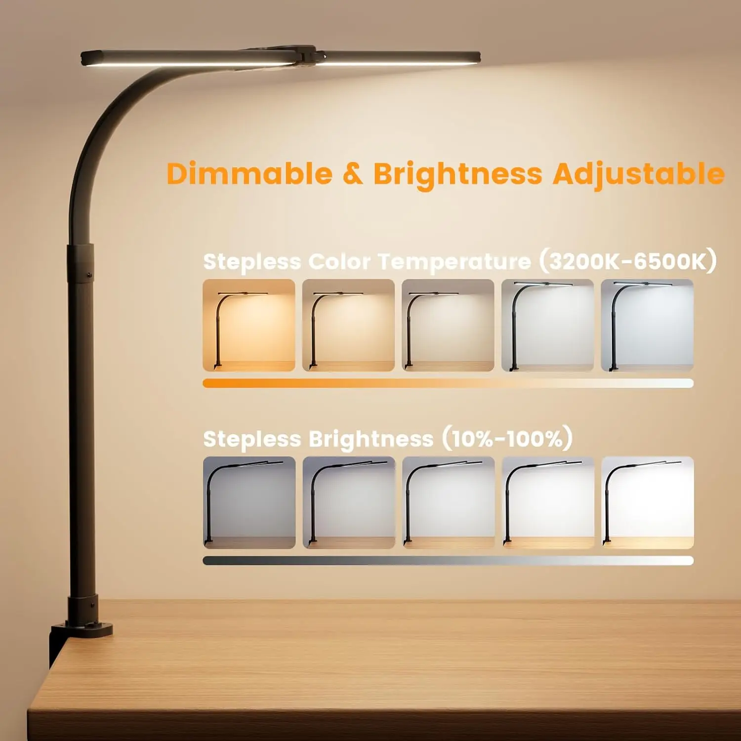 24W LED Desk Lamp with Remote Control, Dimmable Double Head Gooseneck Light for Home Office