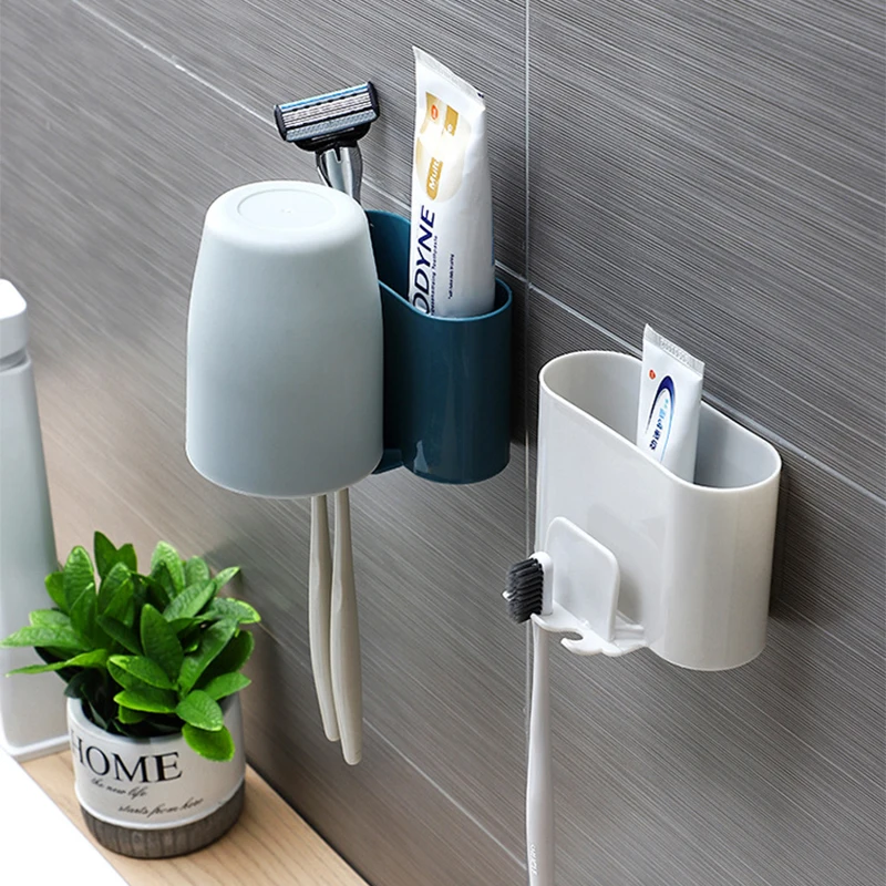 Wall Toothbrush Organizer Shaver Tumbler Storage Rack Self-adhesive Toothpaste Storage Holder for Home Bathroom Accessories