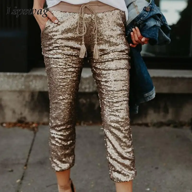 

Spring Elegant Solid Sequins Shiny Party Pants Women Fashion Lace-Up Slim Trousers Ladies Casual High Waist Office Sweatpants