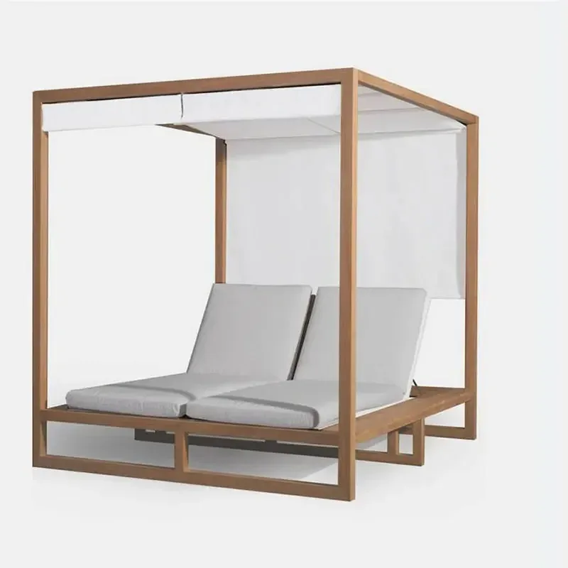 

Premium Custom Made Hotel Outdoor Wooden Double Sunbed With Pool and Sunshade Sail Teak Wood Furniture Sun Loungeroutdoor furnit