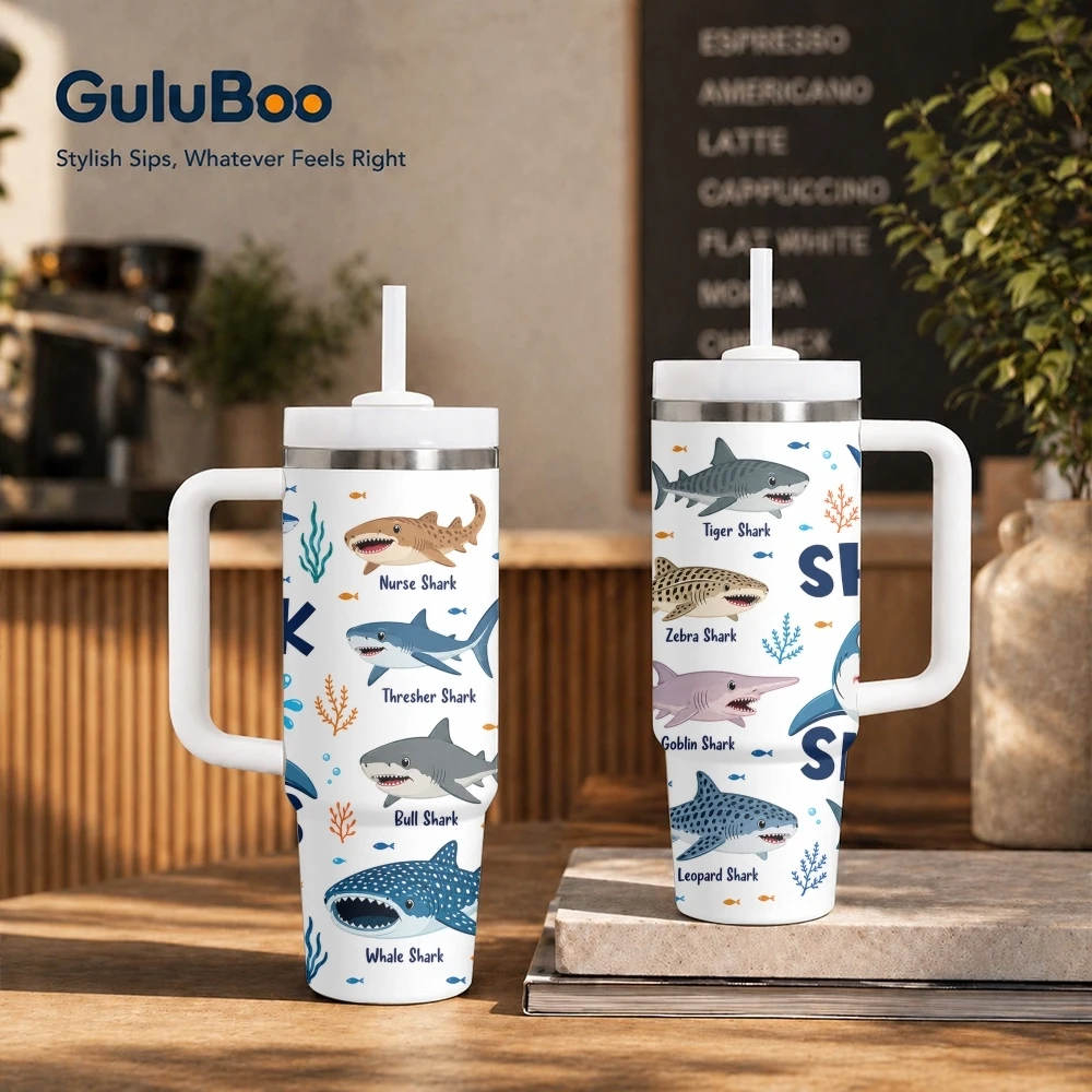 Cute Shark Faces Guide Vacuum Flasks 40oz Stainless Steel Insulated Tumbler With Handle & Straw Leakproof Travel Mug