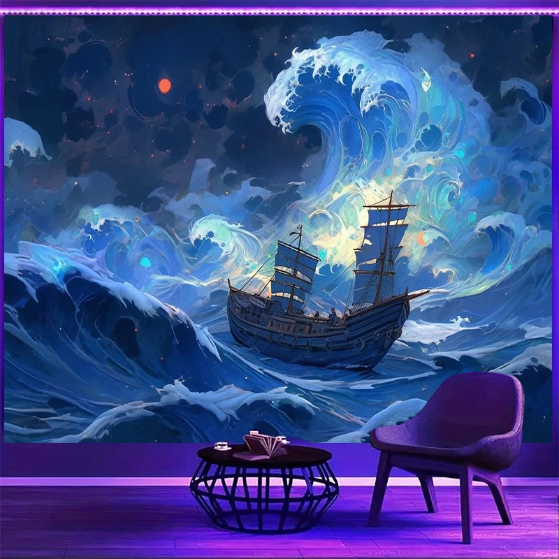 1PC Anime Sailboat Blue Wave Print Backdrop Banner, Bedroom Living Room Photo Background, Polyester, Home Decor, Wall Art
