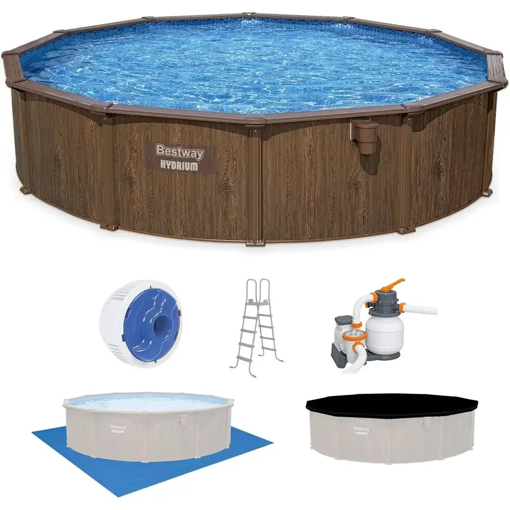 Round 18ft x 52in Steel-Sided Above Ground Pool with Sand Filter Pump, Ladder, and Accessories
