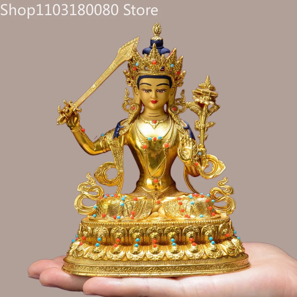 15cm Brass Gilding Manjushri Bodhisattva Statue Tibetan Buddhist Wisdom Deity Sculpture Altar Home Decor