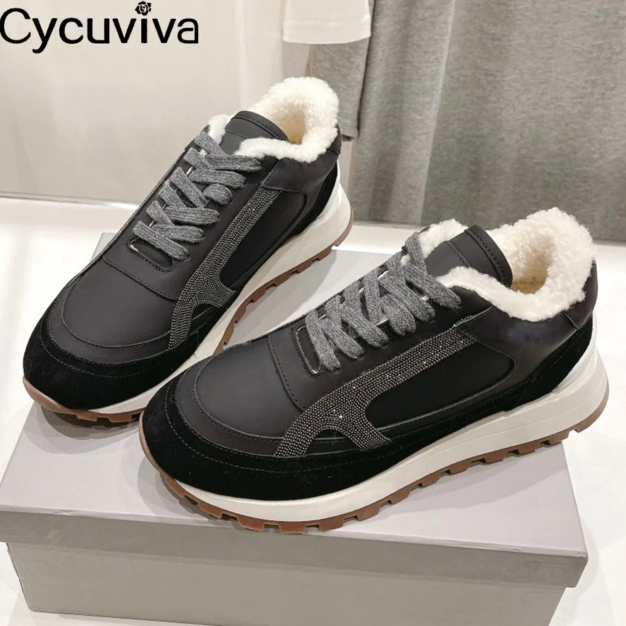 

Designer New Leather Lace Up Platform Shoes Women Thick Sole Wool Fur Flats Autumn Casual Party Vacation Walking Shoes For Women