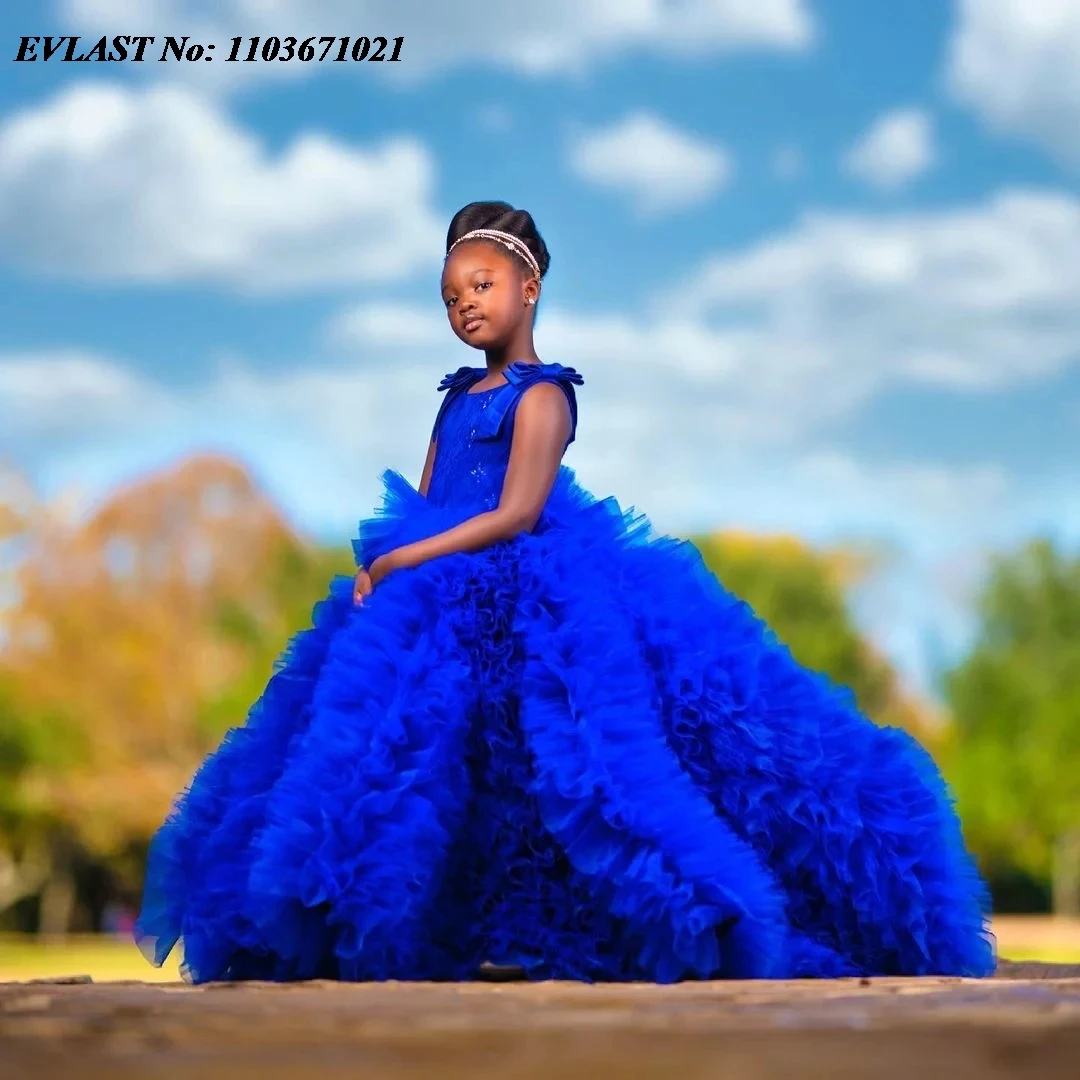 

EVLAST Customized Royal Blue Ball Gown Flower Girl Dress For Weddings Tiered Ruffles Girls Pageant First Communion Gown FD63