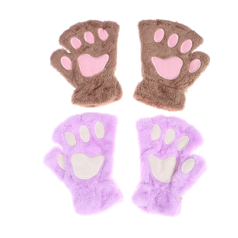 Cute Cat Paw Fluffy Claw Fingerless Gloves Warm Soft Plush Fingerless Panda Glove Half Finger Women Winter Wear Christmas Gifts