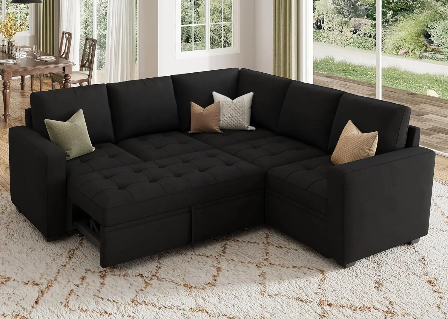 HONBAY Modular Sectional Sleeper Sofa with Pull Out Bed, Velvet Convertible L Shaped Sectional Couch with Storage Seat, Sectiona