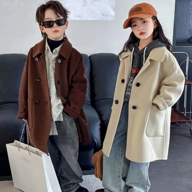 

110-160CM Children's Double-sided Woolen Coat Autumn and Winter New Boys and Girls Long Style Double Breasted Overcoat