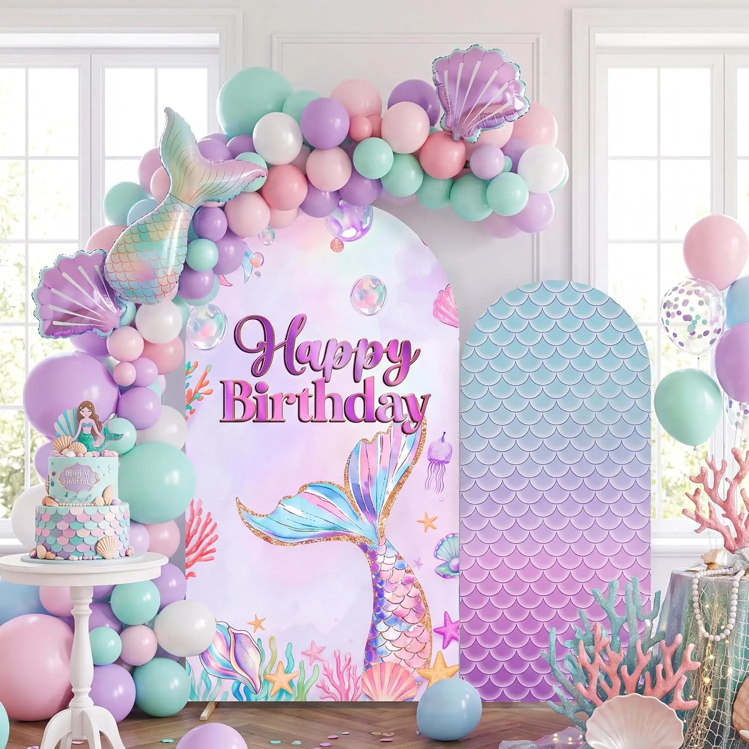 Custom 2-sided Mermaid Chiara Arch Backdrop Cover Birthday Party Decor Fish Tail Fish Scales Girl Dessert Table Background Shoot