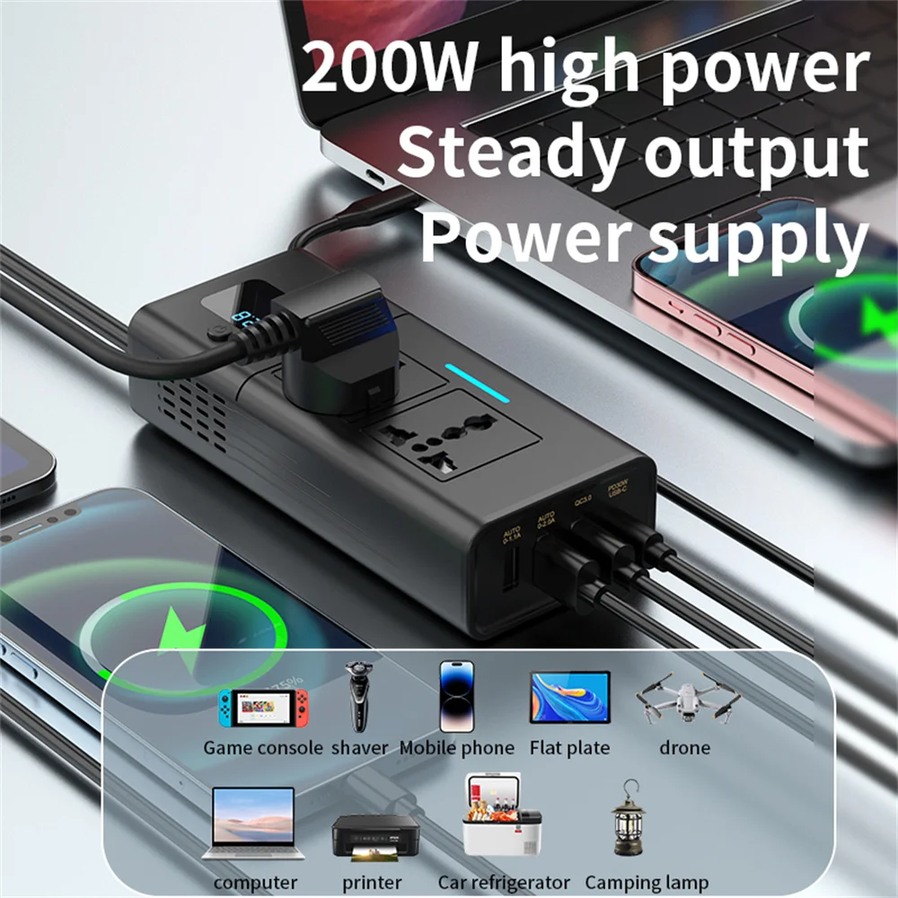 200W Car Inverter DC 12V to AC 110V 220V Inverter PD QC3.0 4USB Ports Dual Car Power Inverter Adapter With Digital Display