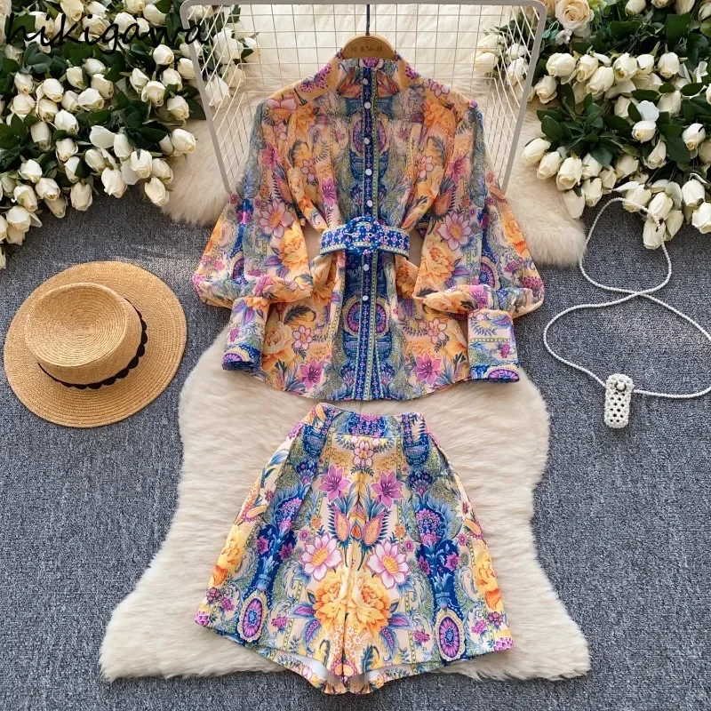 

Shorts Suit Floral Summer 2 Piece Sets Women Clothing Lantern Sleeve Loose Blouse High Waist Wide Leg Shorts Set Vintage Outfits