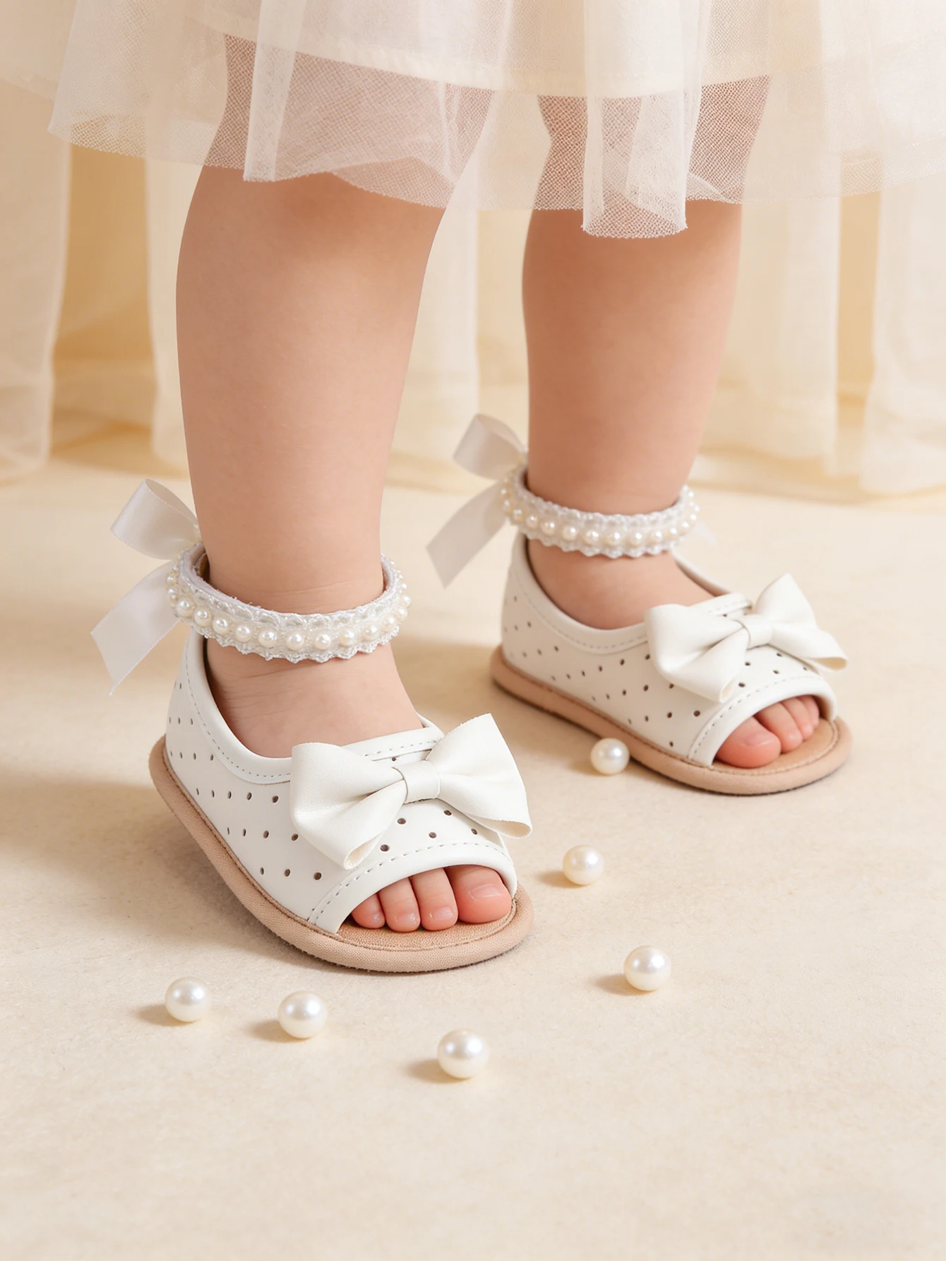 

Baby sandals with pearl bow, soft sole, baby leather, soft open toe, summer sandals, princess flat shoes