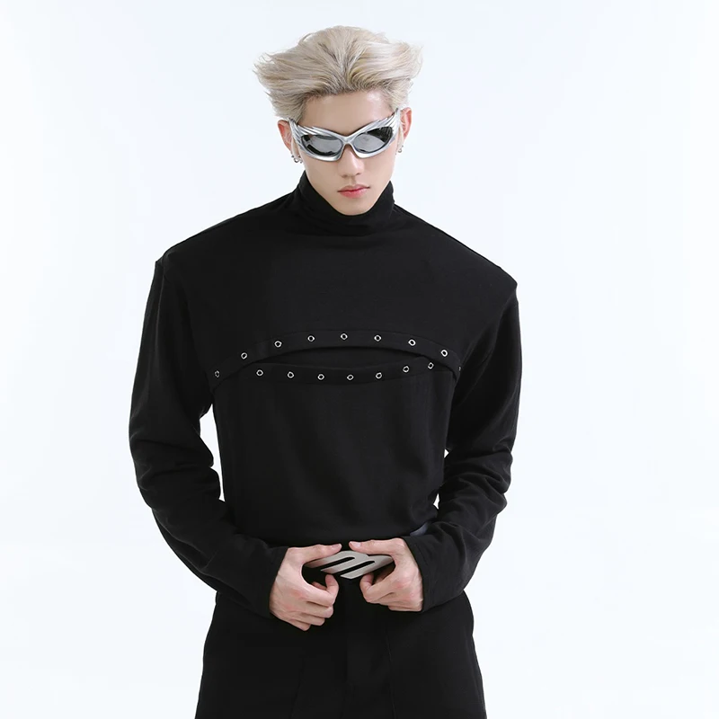 FEWQ Niche Deconstruction Metal Decoration High Collar Long Sleeved Street 2024 Solid Color Male Tops Korea Fashoin 24E2237