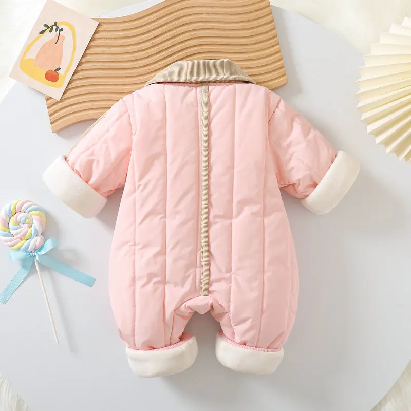 MILANCEL Winter Baby Clothes 0-2Y Fleecing Lining Infant Girls Warm Rompers Turn Down Collar Thicken Jumpsuits for Toddler Boys