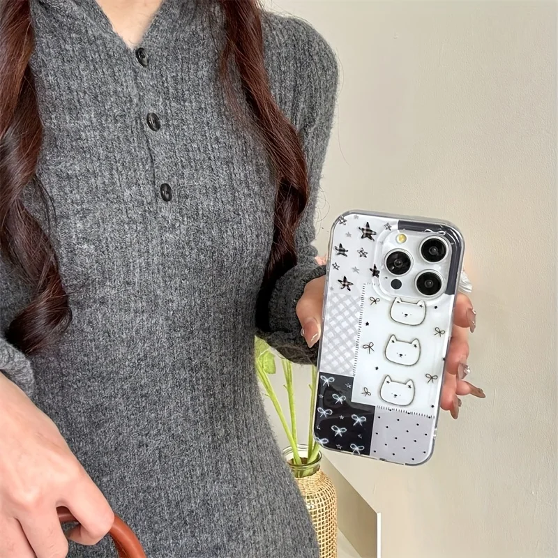 Coque de téléphone ours à pois avec nœud papillon, étui pour iPhone 17 16e 16 15 14 13 12 11 Pro Max X Xs XR XSMax 8 7 6 6s Air Plus, Texture plume