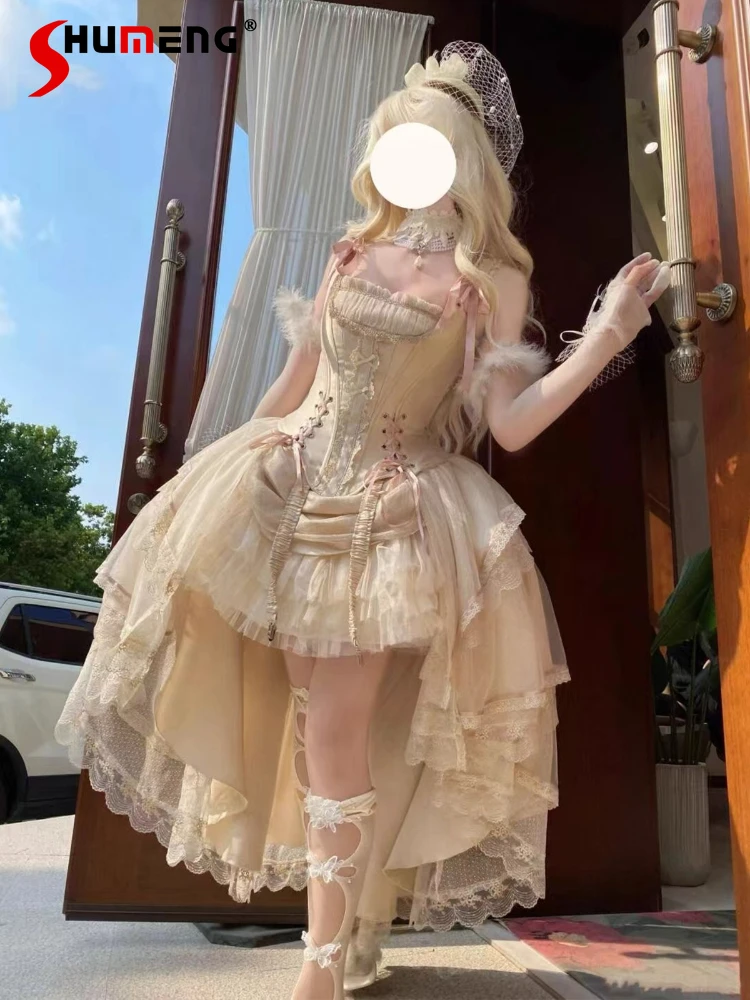 

Princess Cla Lolita Evening Dress Champagne Gold Front Short Back Long Gorgeous Dress Vintage Fairy Lolita Birthday Party Dress