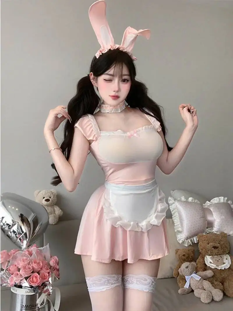 Sexy puro deseo estilo encaje transparente uniforme de sirvienta caliente chica conejito vestido elegante rosa dulce Mini vestido dulce Tops QPH8