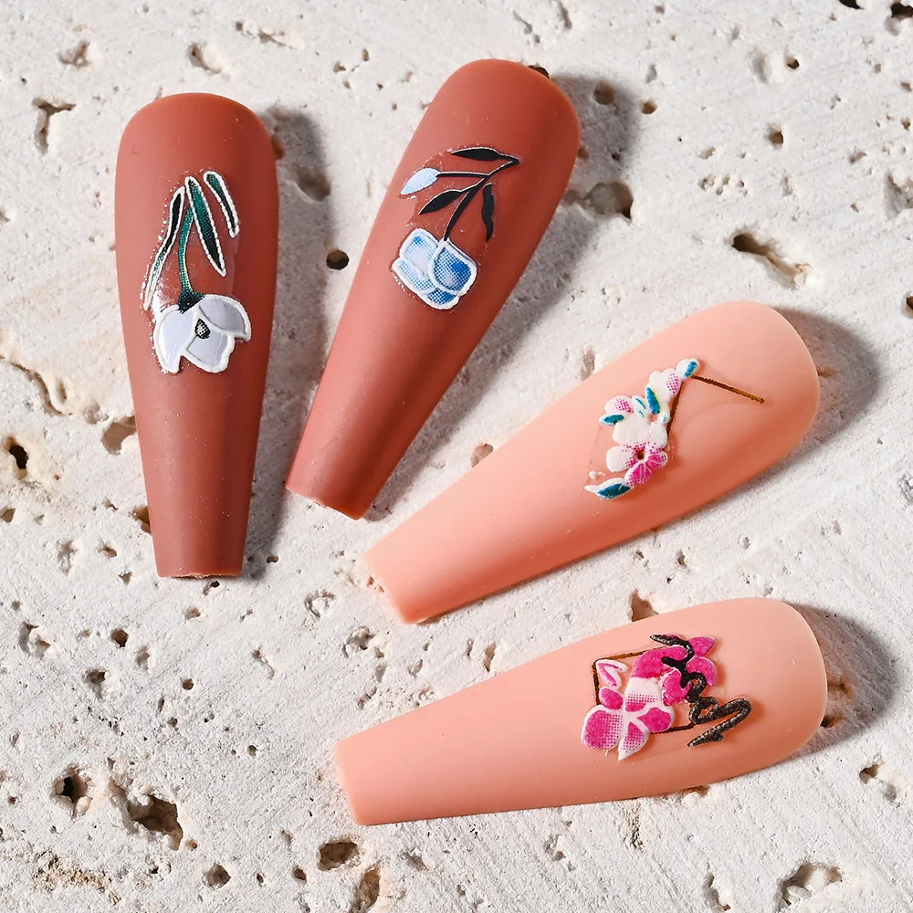 5D Pflaumenblüten-Nagelaufkleber, Blätter, Schieber, geprägte Braut-Nagelkunst-Abziehbilder, kleine Blumen-Design, selbstklebende Nagelschieber aus Acryl