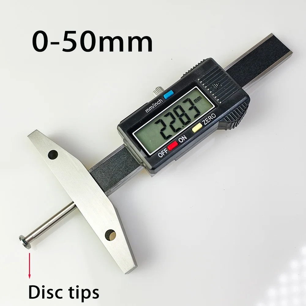 

Digital depth gauge thin round rod with disc tips deep small hole inner groove height width position symmetry both sides rotate