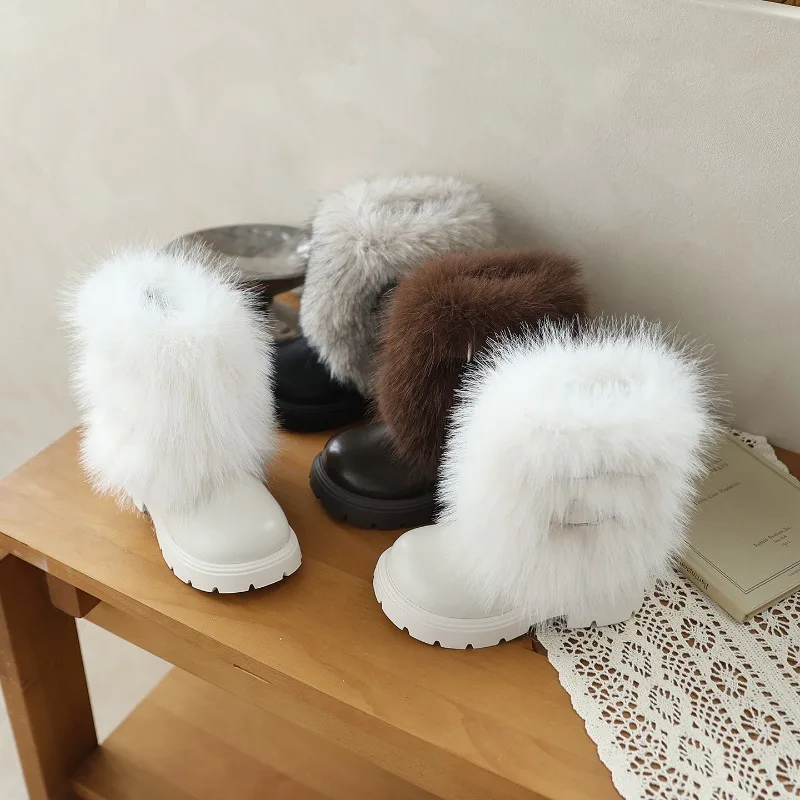 JGSHOWKITO Toddler Kids Winter Plush Boots Warm Flurry Fashion Mid-calf Boots for Girls Princess Thick Bottom Kids Cotton Boots