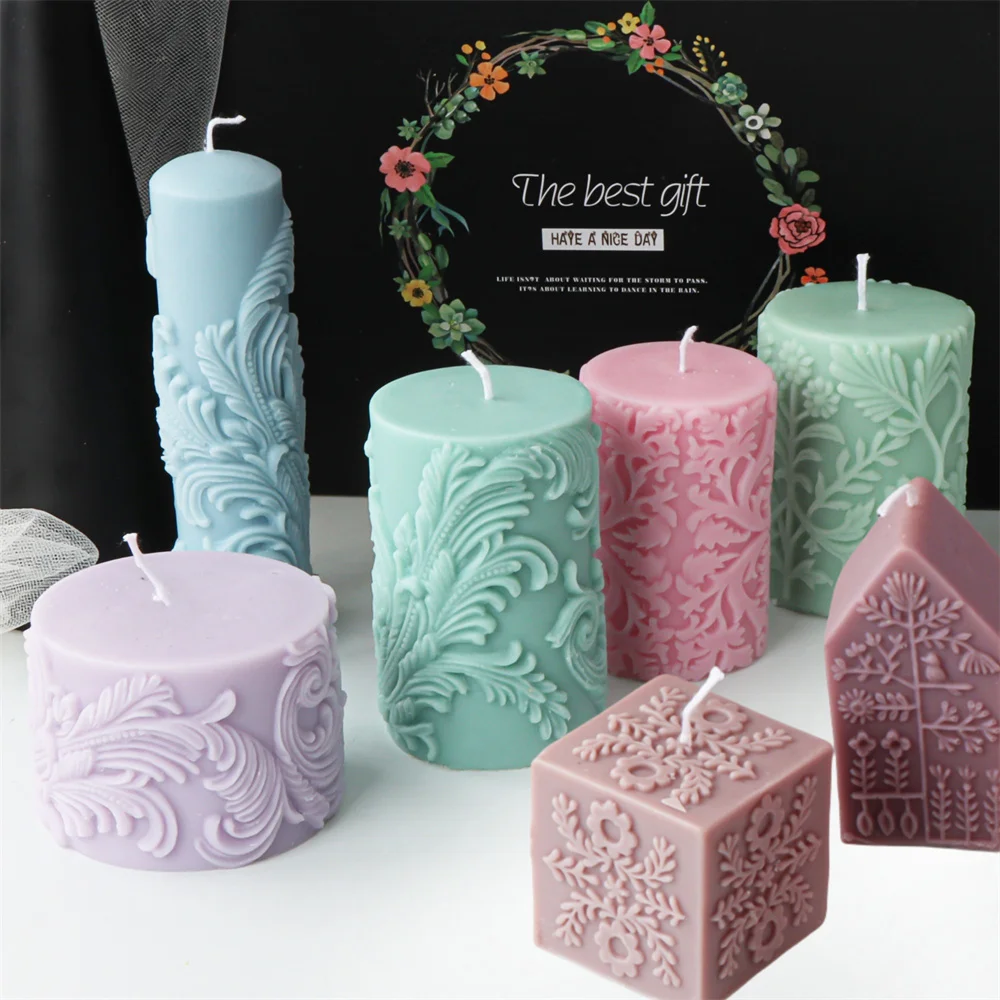 Totem Pattern Pillar Silicone Candle Mold Relief Flower Leaves Cube Column/Cylindrical/House Shape Resin Plaster Mold Home Decor