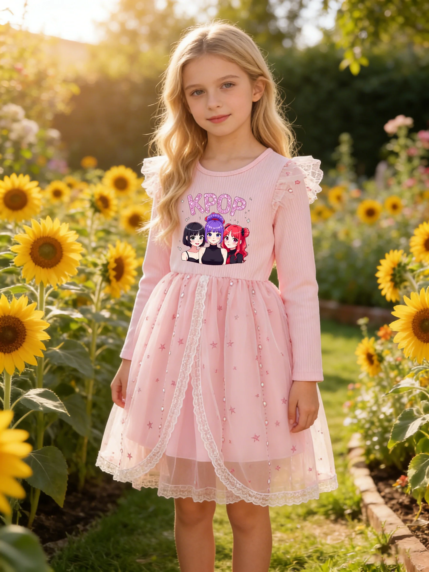 Girls' Cartoon K-POP Girl Group Print Dress, Star Beaded Tulle Princess Dress