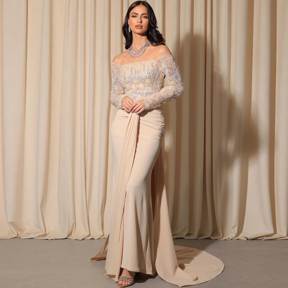 

High Quality Jersey Customized Evening Dress Classic Panel Train Party Gowns Simple Long Sleeves Sequined Gown for Bridal Party