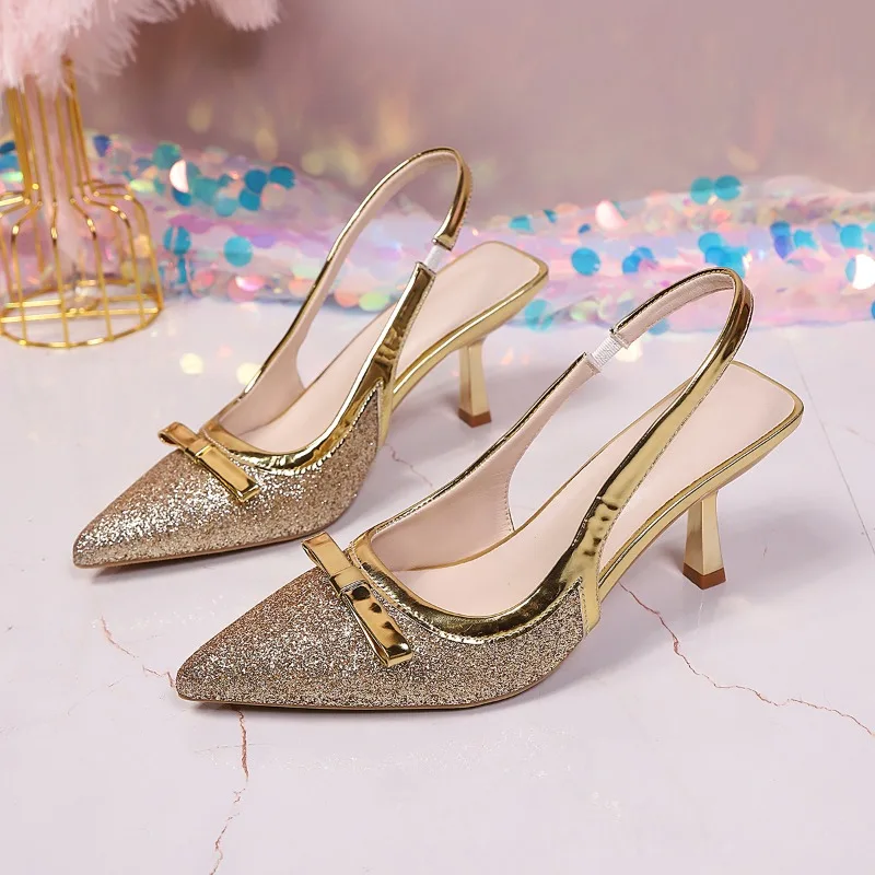 Glitter Pointed Toe Slingback Heels for Women – Gold Metallic Bow 7.5CM Spool Heel Bridal Evening Party Pumps view 6